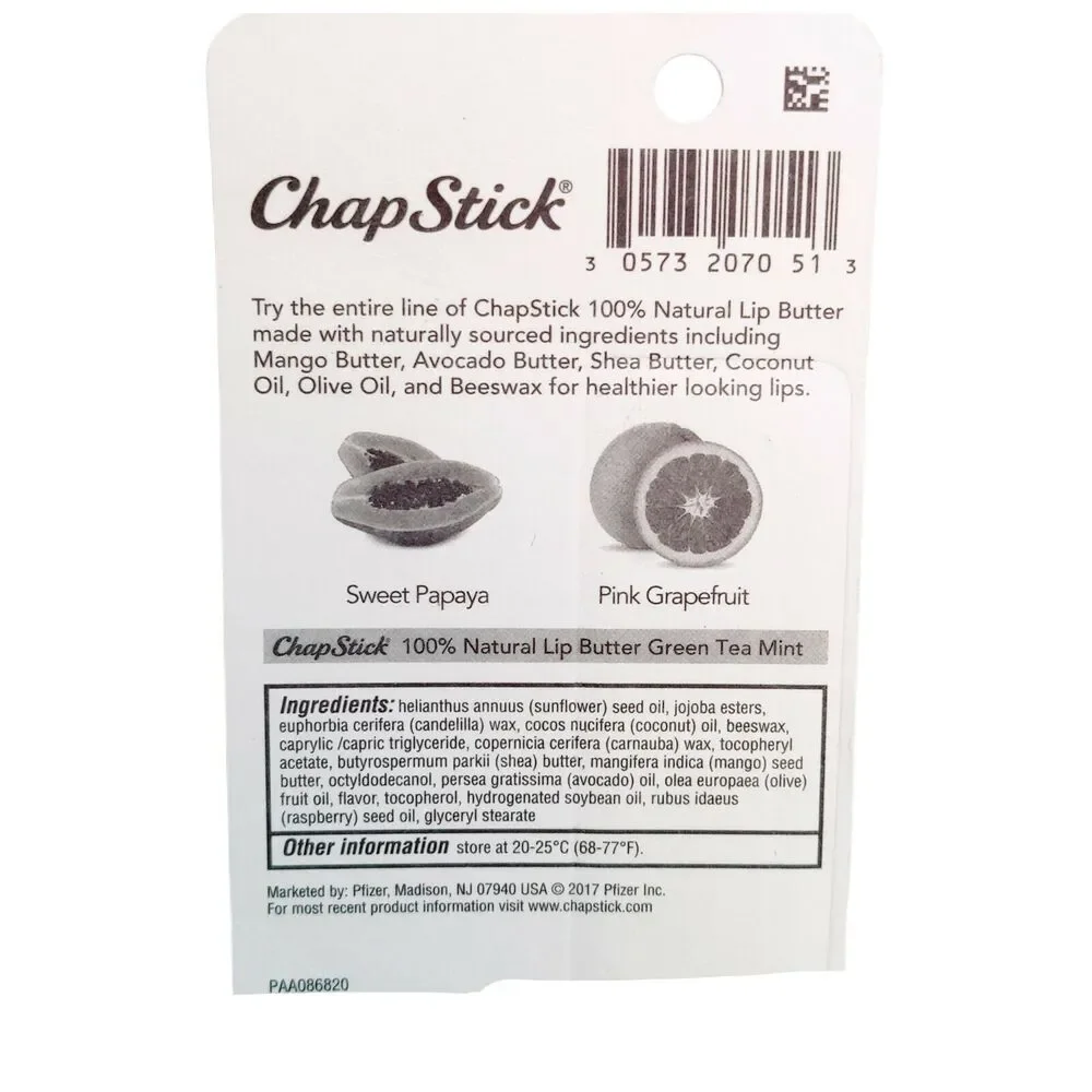 2 -‎ Chapstick Green Tea Mint 100% Natural Lip Butter with 8 Hour Moisture New